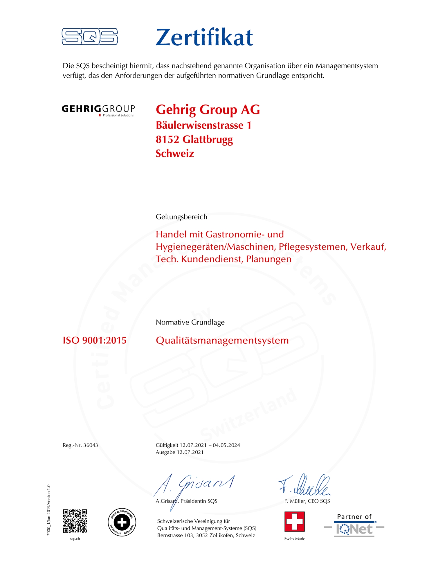 SQS Zertifikat ISO 9001 | Gehrig Group AG