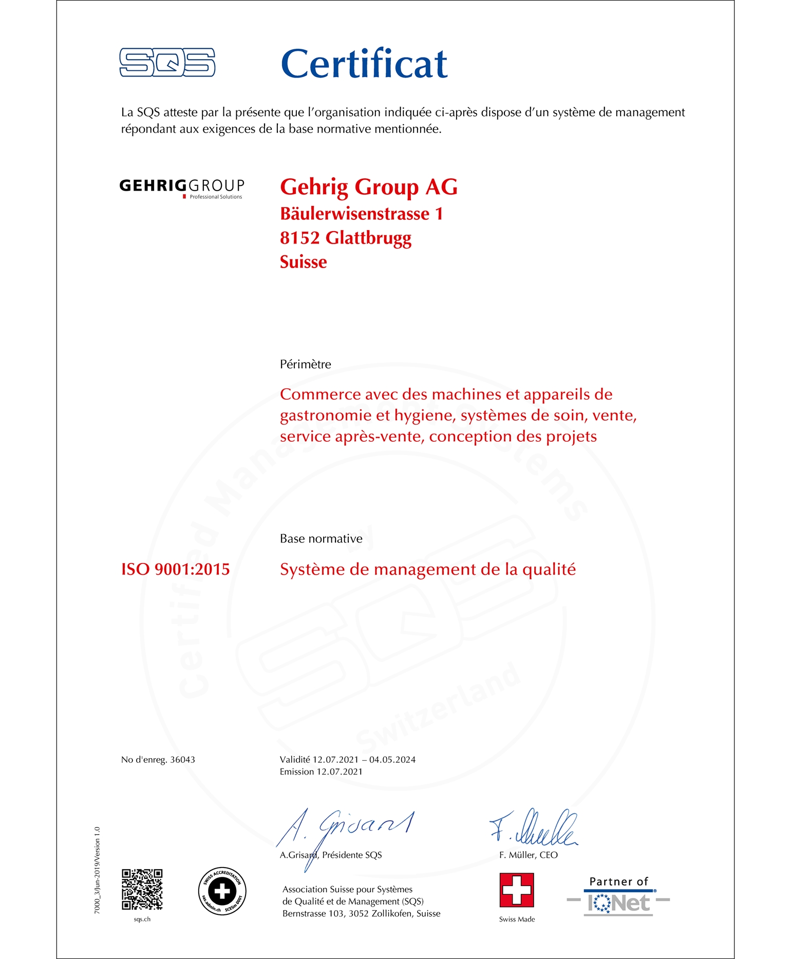 Certificat SQS ISO 9001 | Gehrig Group SA