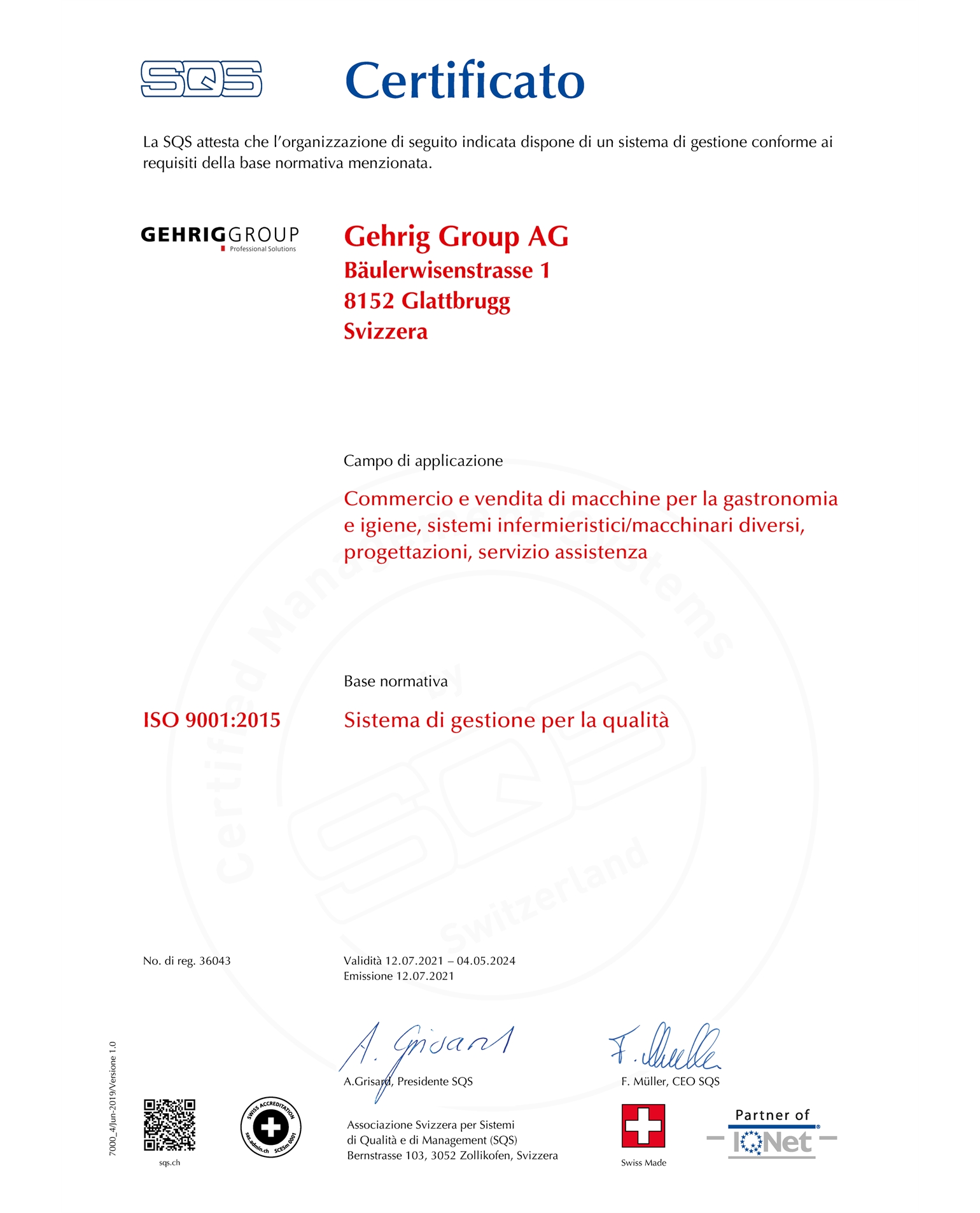 Certificato SQS ISO 9001 | Gehrig Group SA
